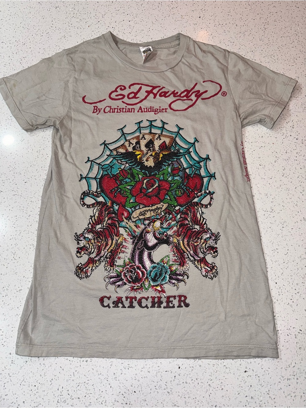 Ed Hardy Light Gray Short-Sleeve Tee with Multicolor Tattoo Graphic